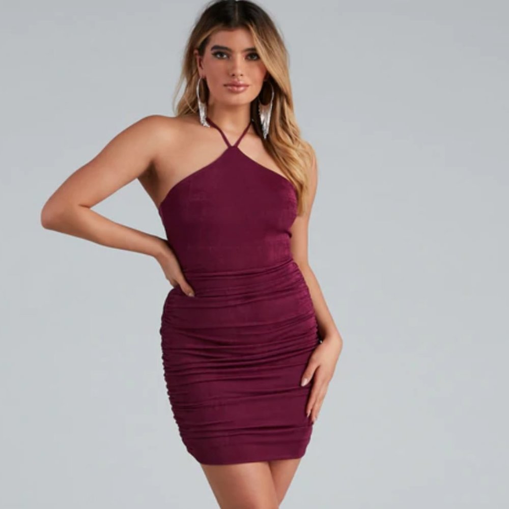 Purple Plum Tight Ruched Bodycon Lace-Up dress